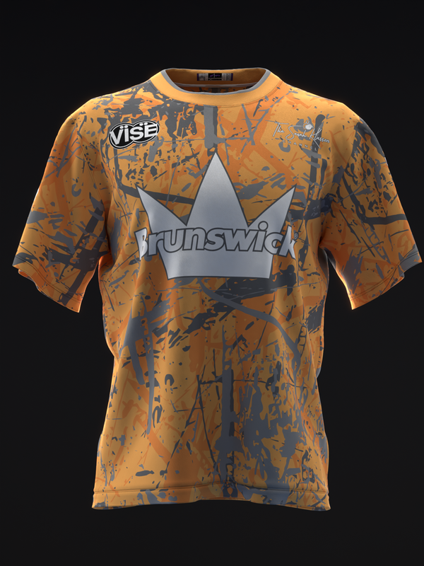 Orange bowling jersey with gray grunge pattern and Brunswick crown logo, front view