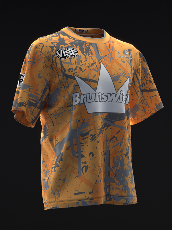 Orange bowling jersey with navy grunge pattern and silver Brunswick logo
