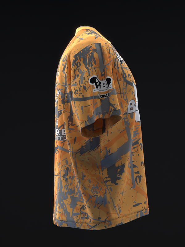 Tangerine and navy grunge patterned bowling jersey, side view