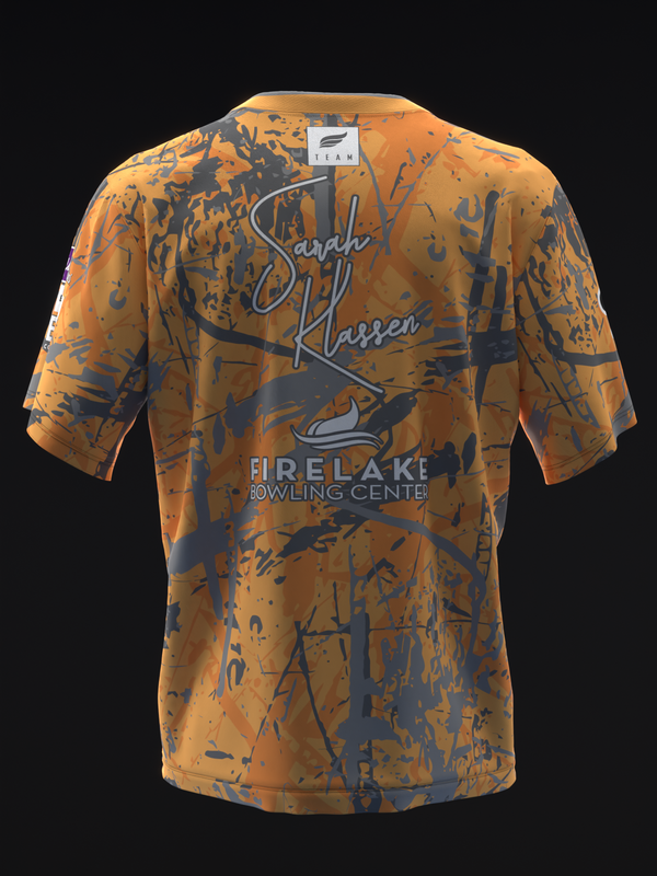 Orange and navy grunge pattern bowling jersey, back view with signature text