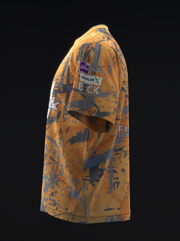 Tangerine and navy grunge patterned bowling jersey, side view shown