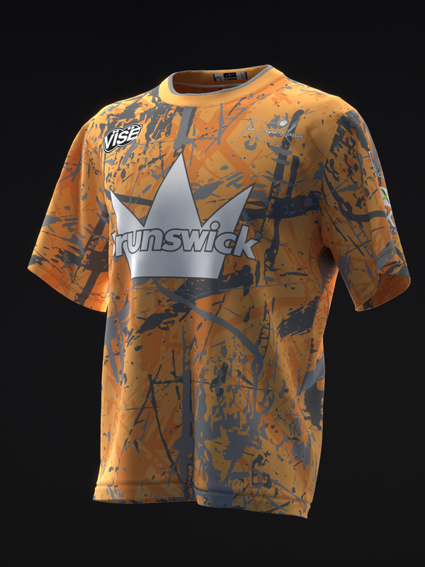 Orange bowling jersey with navy grunge pattern and silver crown logo, front view
