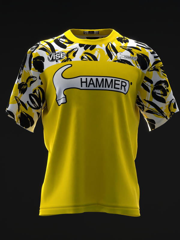 Yellow bowling jersey with hammer graphic and sketch flower patterned sleeves, front view