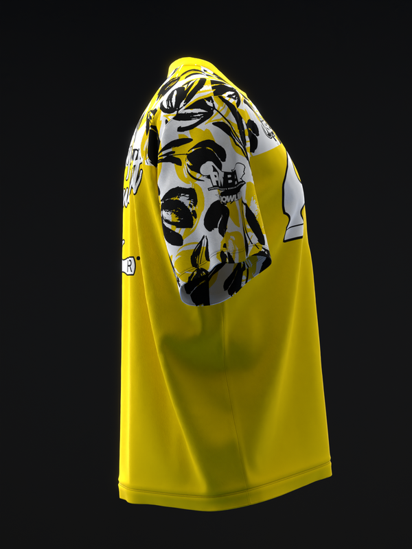 Yellow bowling jersey with black and white floral sketch graphic on shoulder, side view