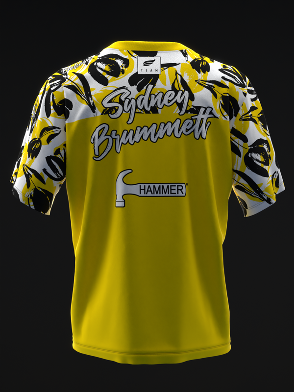 Yellow bowling jersey with black and white sketch floral sleeves, back view