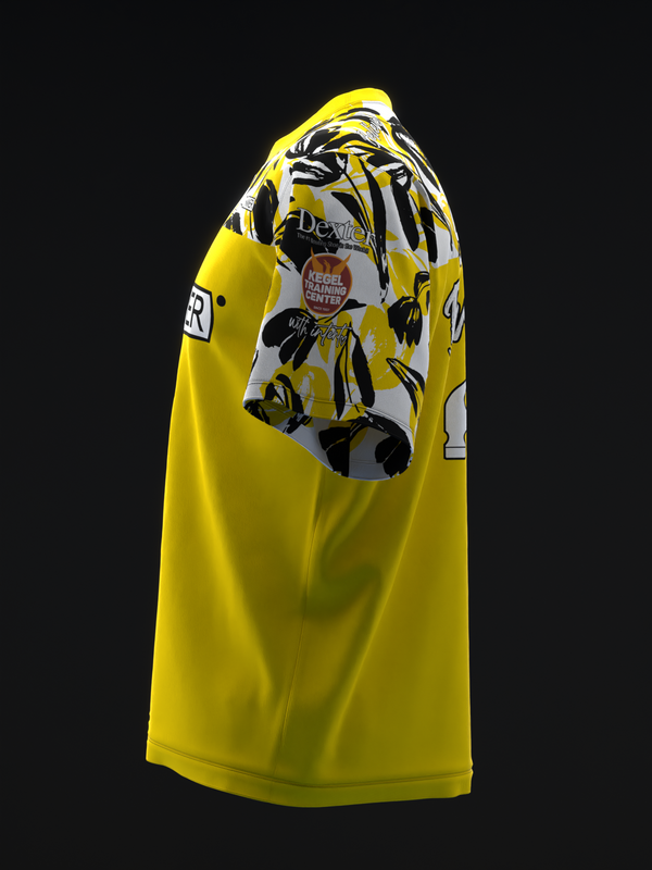 Yellow bowling jersey with black and white floral sketch graphic on front panel