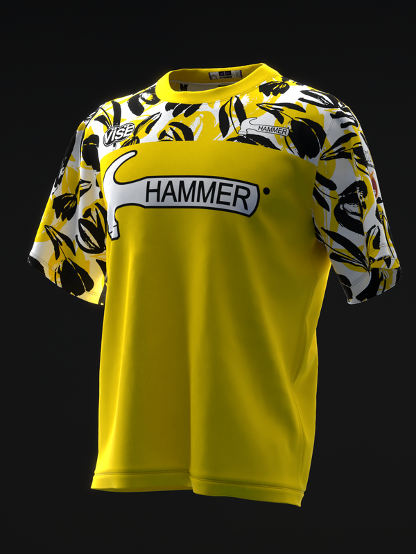 Yellow bowling jersey with black and white floral sketch pattern on sleeves, front view