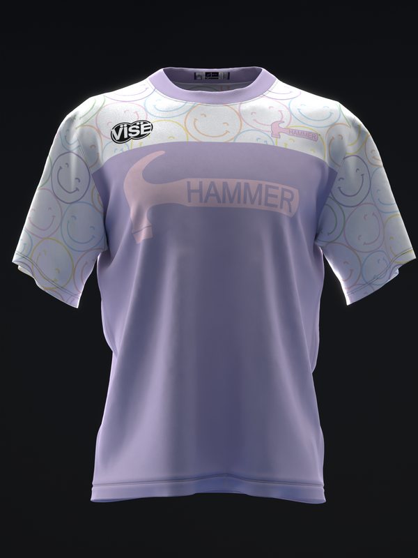 Lavender bowling jersey front view with Hammer logo and smiley face doodle sleeves