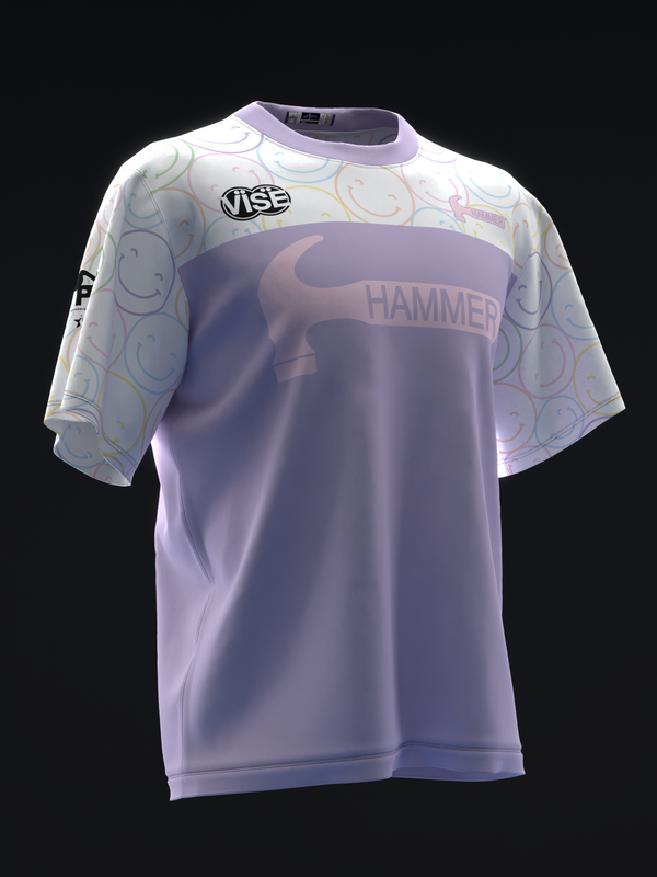 Purple and white bowling jersey with smiley face doodle pattern, front view