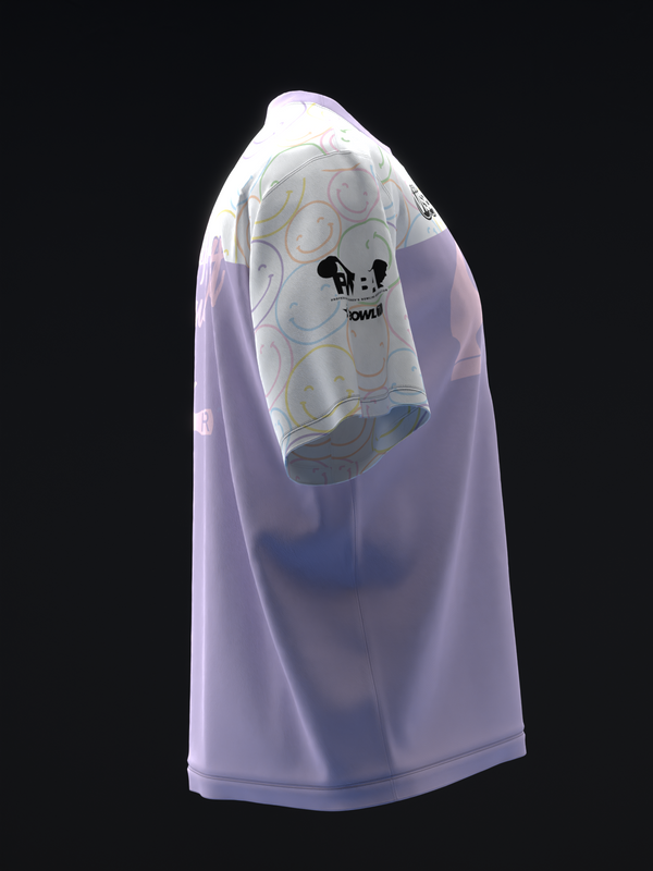 Light lavender bowling jersey with smiley face doodle pattern, side view