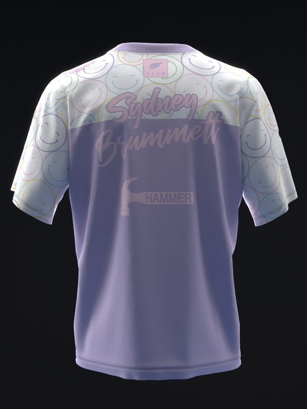 Purple bowling jersey back view with smiley face doodle pattern and text graphics