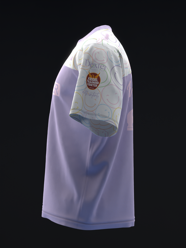 Lavender bowling jersey with white doodle pattern and Dexter logo, side view
