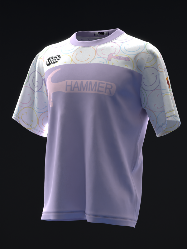 Lavender bowling jersey front view with smiley face doodle pattern on sleeves