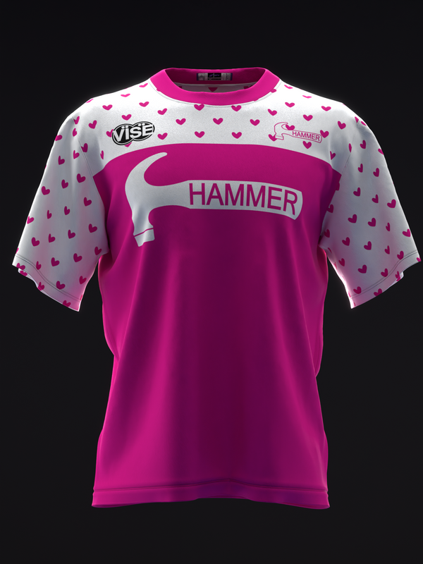Magenta and white bowling jersey with tiny heart pattern and hammer logo