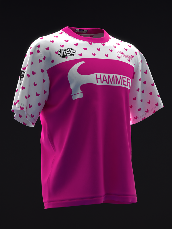 Magenta bowling jersey with white heart-patterned sleeves and hammer graphic front view
