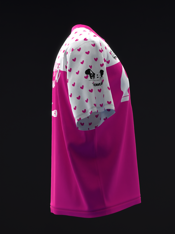 Bright pink bowling jersey with white heart pattern sleeves, back view