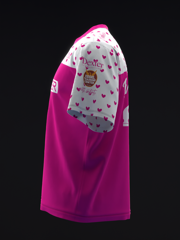 Hot pink bowling jersey with white heart pattern on sleeves and back panel