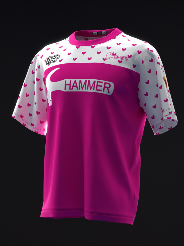 Hot pink bowling jersey with white sleeves featuring magenta hearts and Hammer branding