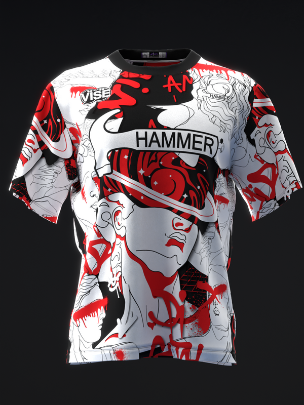 White bowling jersey with red and black artistic graphic design and Hammer branding