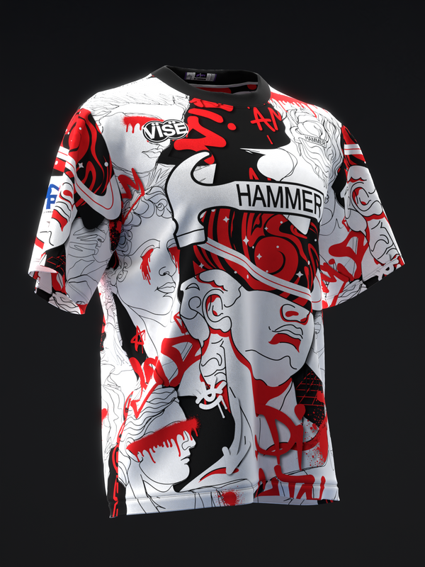 White bowling jersey with red and black abstract graphic design and text overlay