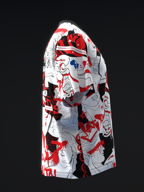 White bowling jersey with red and black abstract graphic design and face artwork