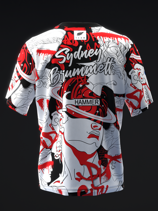 Red, white, and black bowling jersey with artistic face and text graphics, front view