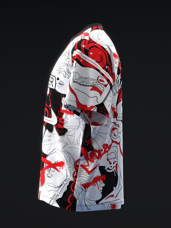 White bowling jersey with red and black artistic face graphics and abstract design