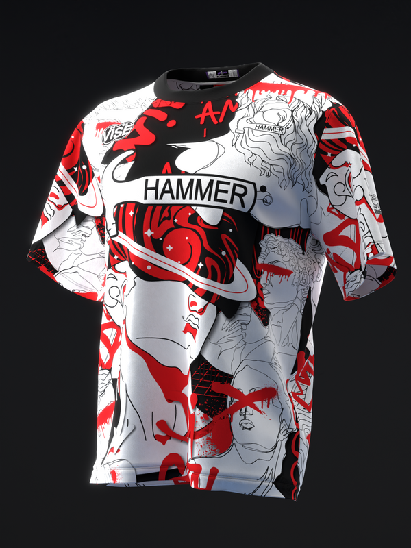 Red and white bowling jersey with graphic portrait design and Hammer text