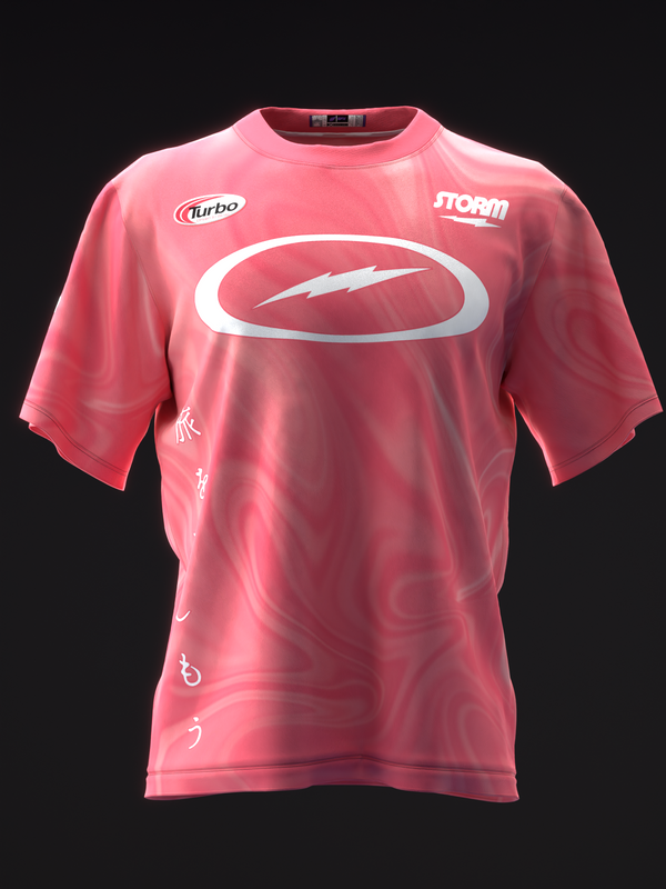 Pink bowling jersey with white oval graphic and lightning bolt detail, front view