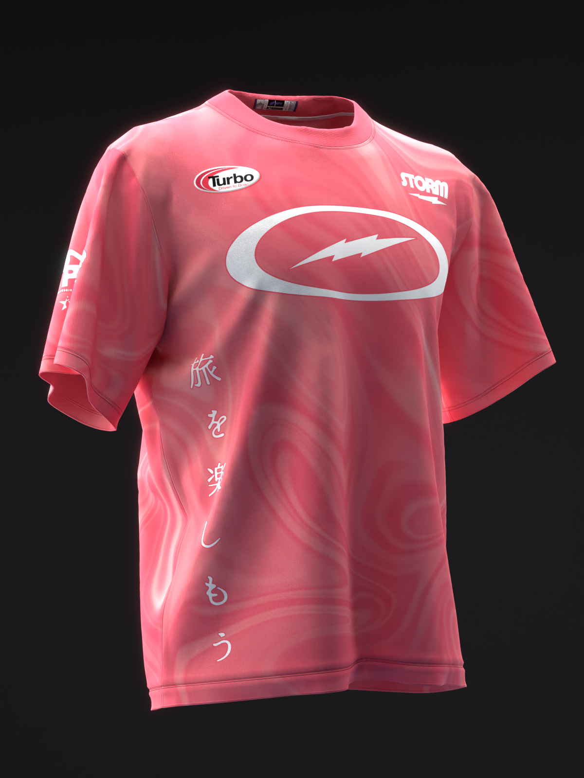 Pink bowling jersey with white oval logo and lightning bolt design, front view