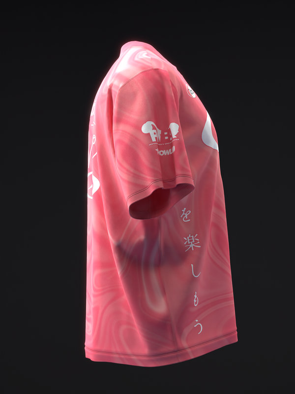 Hot pink bowling jersey with white graphic design and Asian characters on side view
