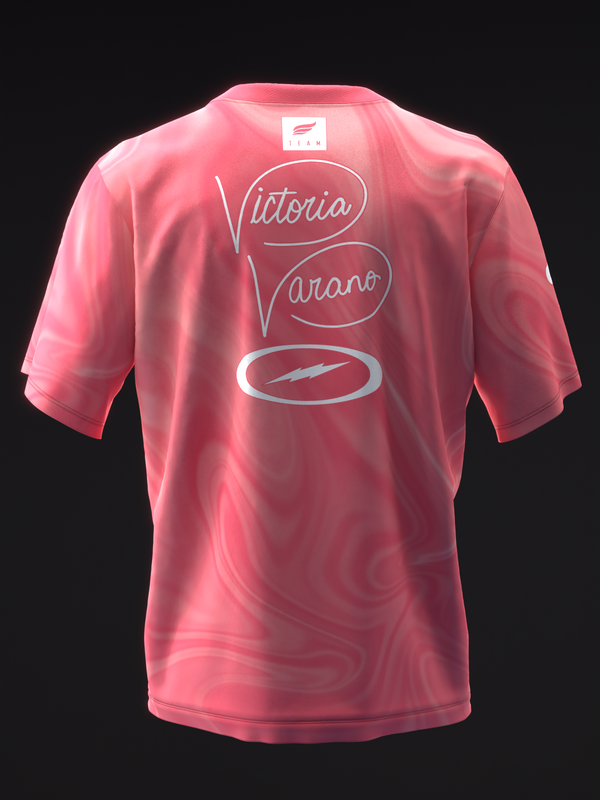 Pink bowling jersey back view with curved text and logo design