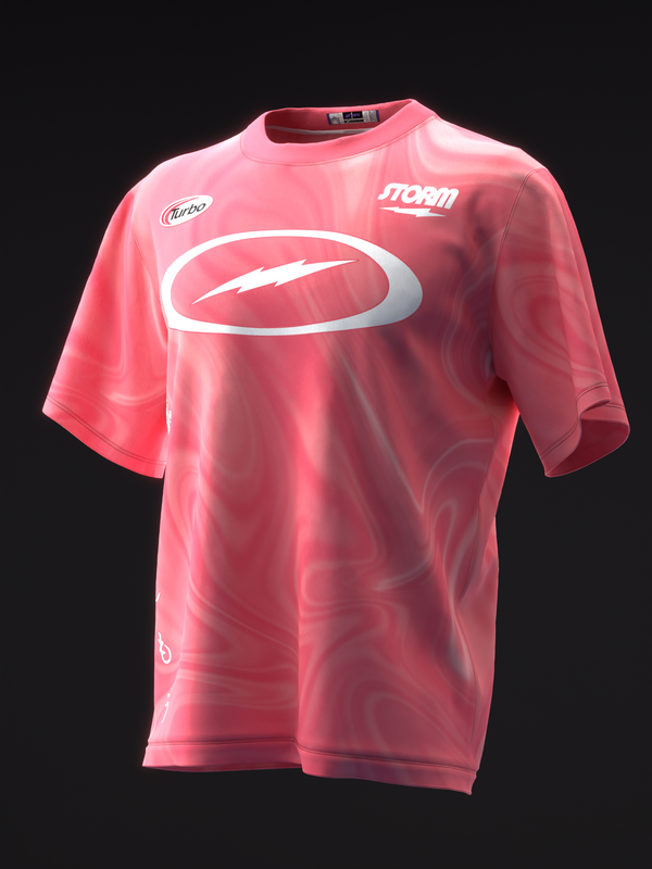 Pink bowling jersey with white oval logo and Storm branding, front view