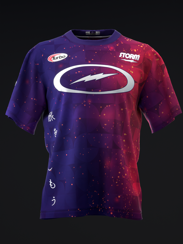 Purple and red gradient bowling jersey with white oval logo and scattered sparkle design