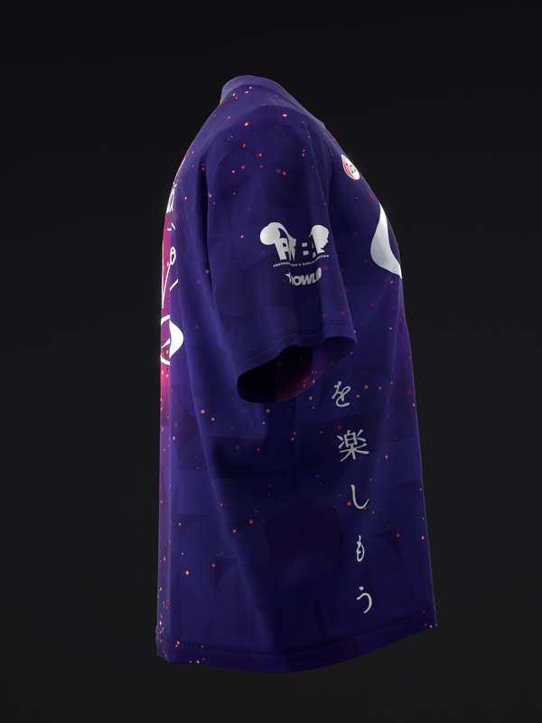 Purple bowling jersey with white graphic and scattered red speckles, back view