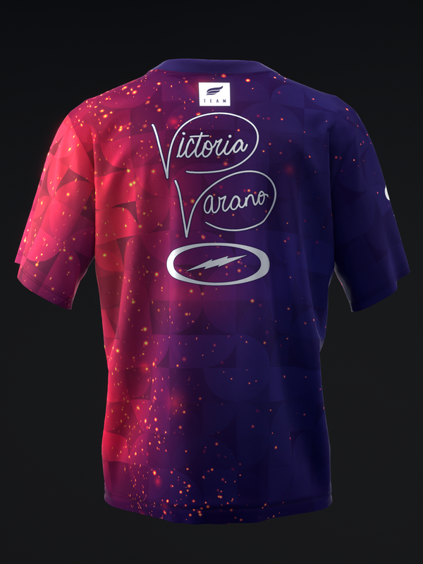 Back view of bowling jersey with gradient pink and navy, sparkle pattern, and personalized names