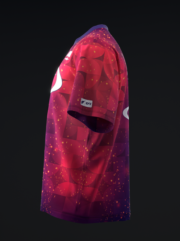 Red bowling jersey with geometric pattern and glowing sparkle effect, side view