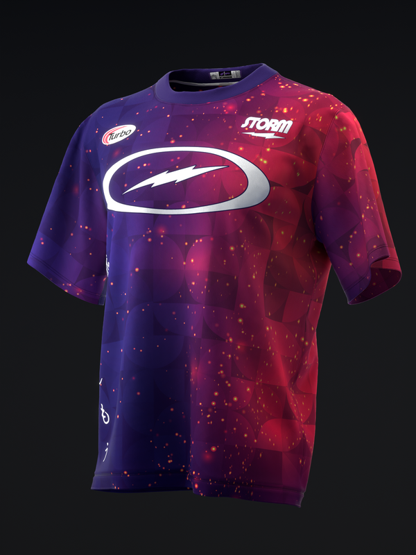 Purple and red gradient bowling jersey with glowing particle design and oval logo