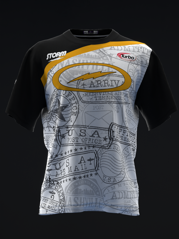Black and white bowling jersey with gold accents and postage stamp graphic design