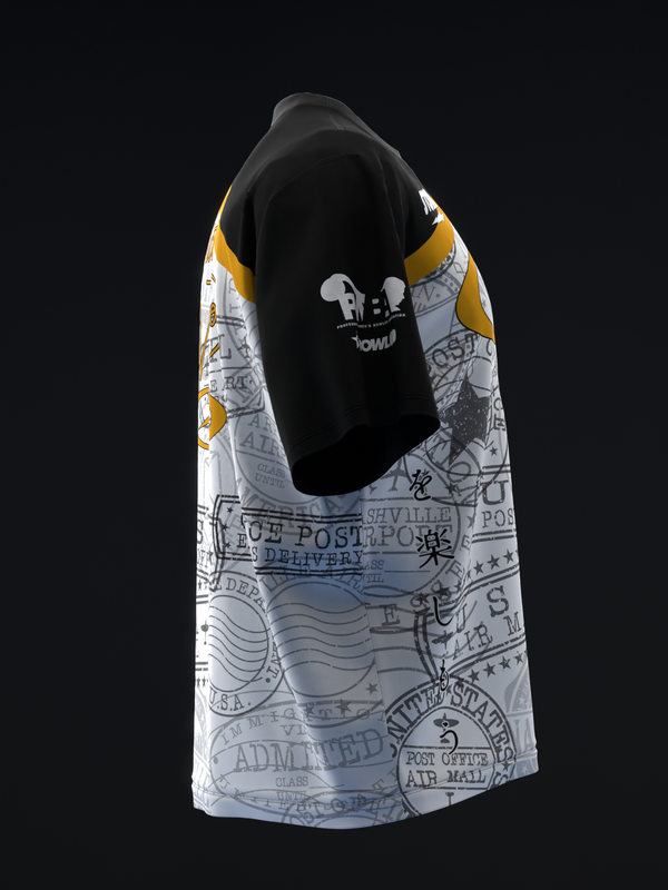 Black and gold bowling jersey with postal stamp pattern design on front