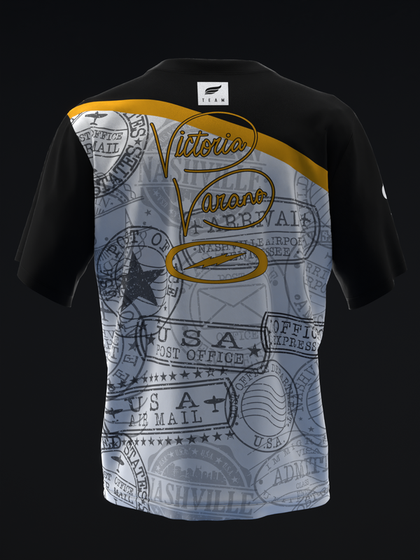 Black and gray bowling jersey with gold script and vintage postage stamp graphics