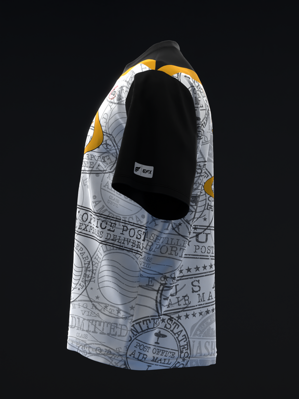 Black and gold bowling jersey with postage stamp pattern on white