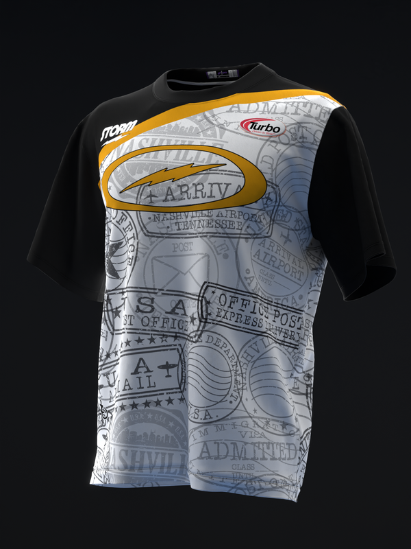 Black and white bowling jersey with gold trim and postage stamp graphics