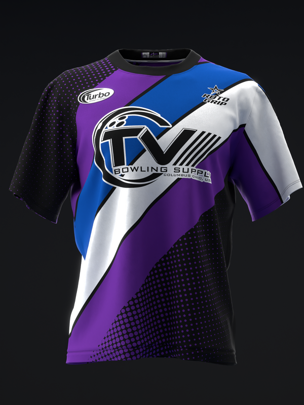 Black and purple bowling jersey with blue and white diagonal stripes and logo