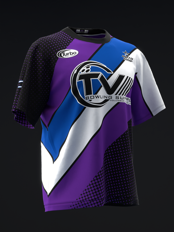 Purple bowling jersey with blue, white, and black diagonal stripe design and logo