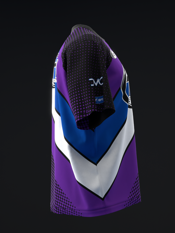 Purple bowling jersey with blue and white stripe design, front view
