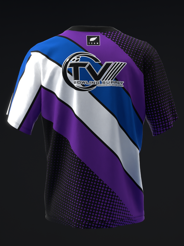 Bowling jersey with blue, purple, white diagonal stripes and dotted pattern detail