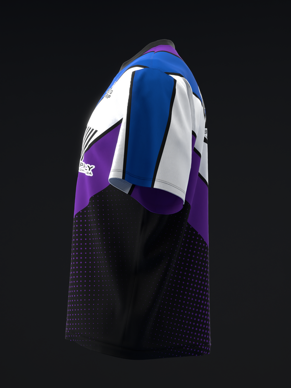 Bowling jersey with blue, white, purple, and black colorblocked design, side view