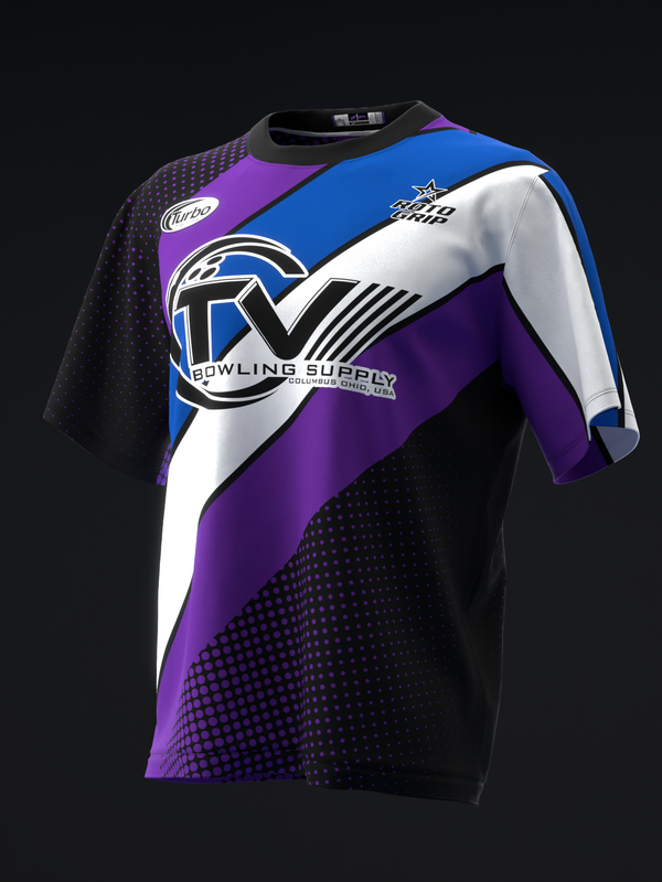 Black and purple bowling jersey with blue and white diagonal stripes, front view