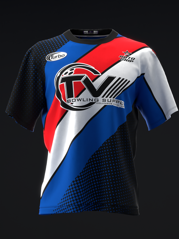 Front view of bowling jersey with blue, red, white diagonal stripes and geometric pattern